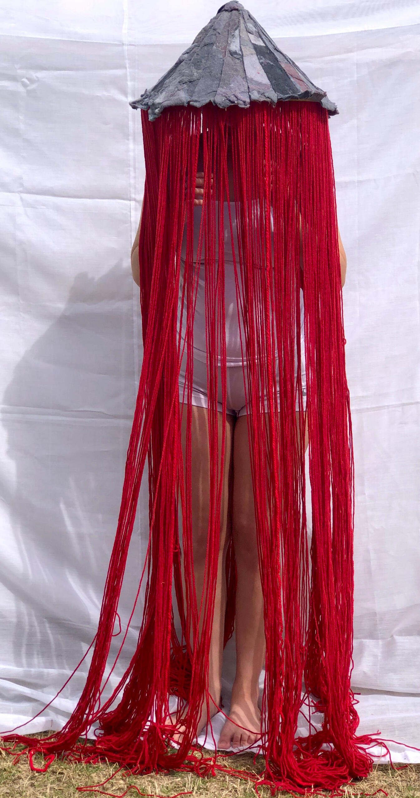 Veiled (dryer lint, yarn, bamboo hat)