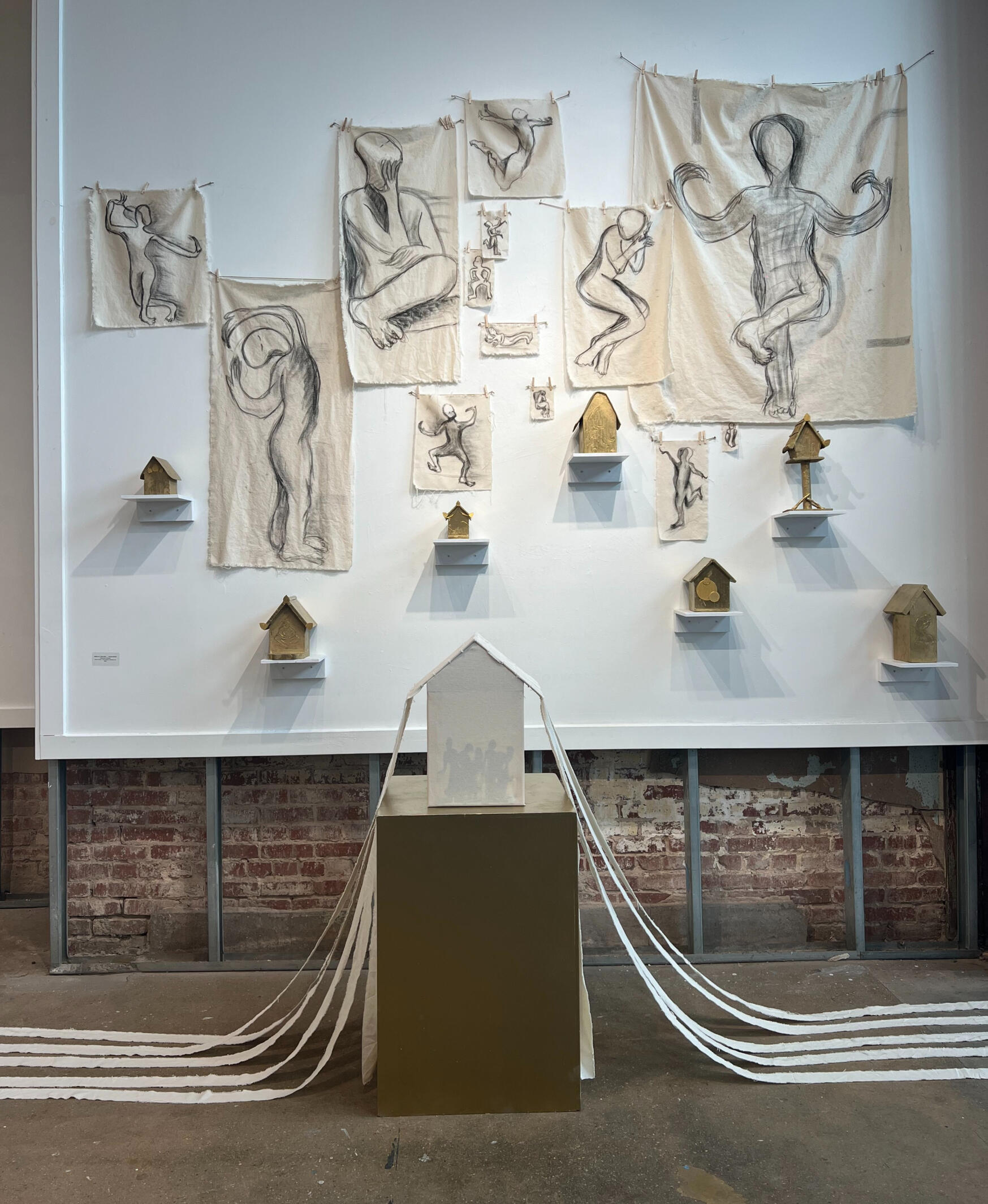 Before Us, There Was ….. and We Will Be (wood, cotton, gold thread, charcoal, ink)